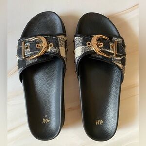 H&M Women's Black and Gold Buckle Slide Sandals
